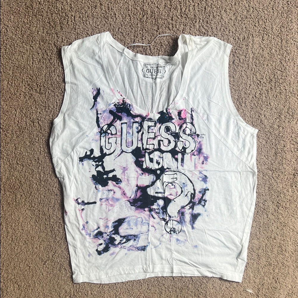 Guess Women's White and Purple Graphic Muscle Tee